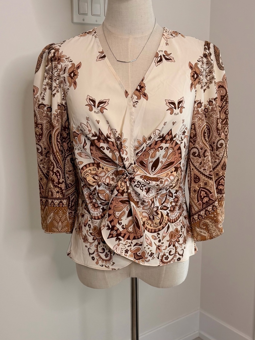 cupcakes & cashmere Cream and Brown Paisley Knot-Front Blouse